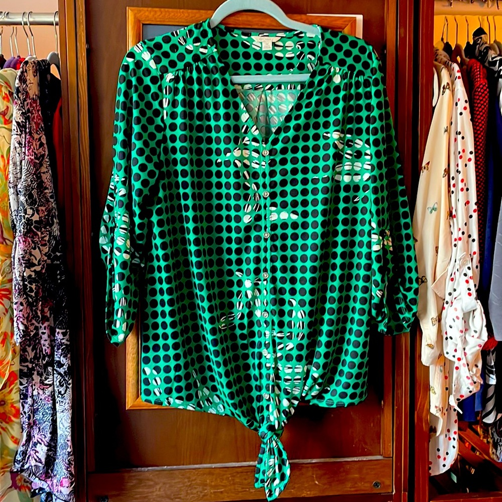 Sweet tie at waist green and black top.